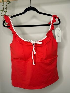 Women’s XL | Blogilates Red Ruffle Lace Up Tank Top Floral Trim Activewear